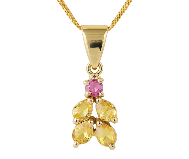 18 KT GOLD PENDANT SET WITH 04 YELLOW SAPPHIRES AND 01 RUBY